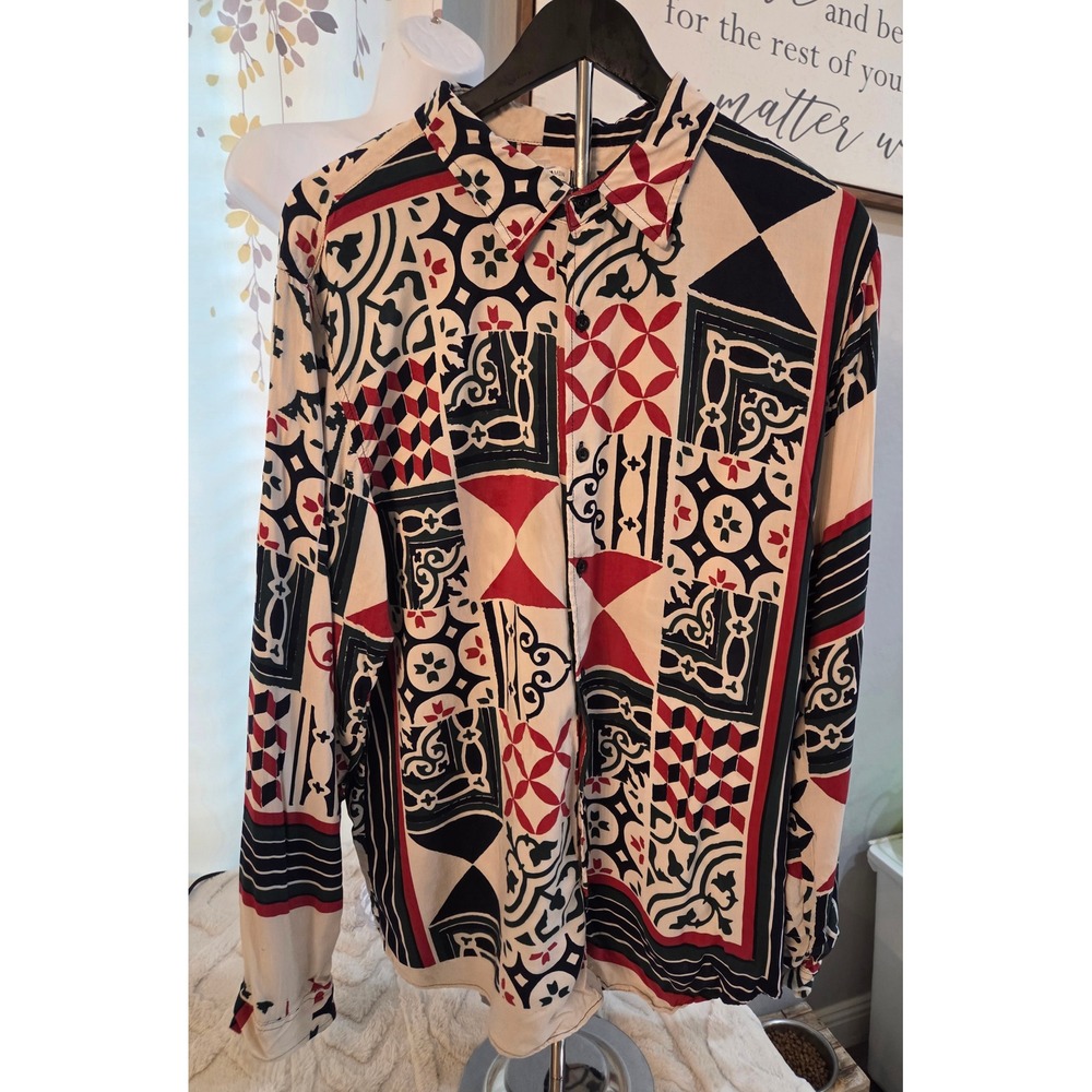 Fashion Nova Men XXL Red Black Patchwork‎ Geometric Viscose Button Down Shirt
